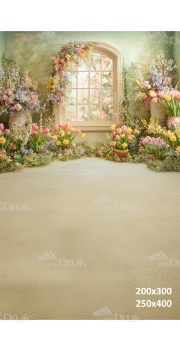 Tło fotograficzne „Wiosenny ogród z pastelowym oknem i tulipanami” | E632